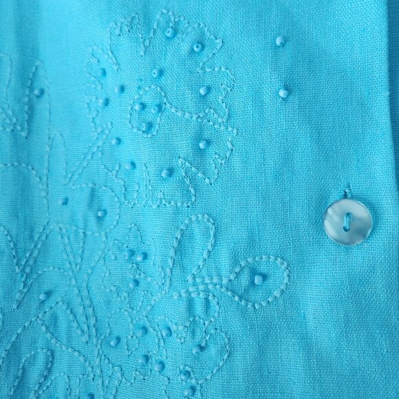 Vintage Tabi Embroidered & Beaded Turquoise - 100 Heavy linen - 28 x 22 w - Picture 2 of 5
